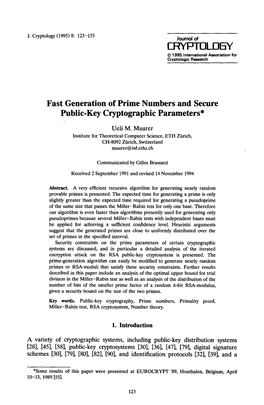 Fast Generation of Prime Numbers and Secure Public-Key Cryptographic Parameters*