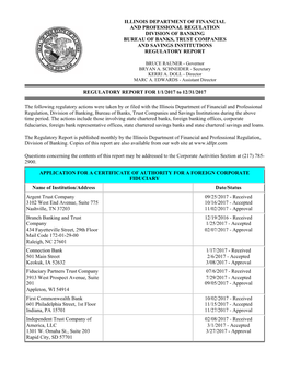 Illinois Department of Financial and Professional Regulation Division of Banking Bureau of Banks, Trust Companies and Savings Institutions Regulatory Report