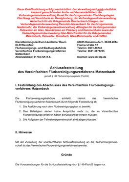 Schlussfeststellung Des Vereinfachten Flurbereinigungsverfahrens Matzenbach Gemäß § 149 Flurbereinigungsgesetz (Flurbg)