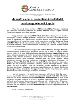 Amianto E Aria: Si Presentano I Risultati Del Monitoraggio Lunedì 2 Aprile