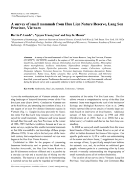 A Survey of Small Mammals from Huu Lien Nature Reserve, Lang Son Province, Vietnam