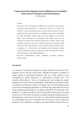 Corpora-Based Investigations Into the Differences in Translation Styles Between Translators and Self-Translators Yi-Chiao Chen