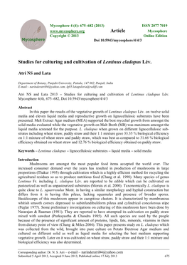 Studies for Culturing and Cultivation of Lentinus Cladopus Lév