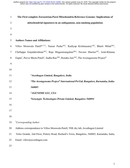 The First Complete Zoroastrian-Parsi Mitochondria Reference Genome: Implications Of