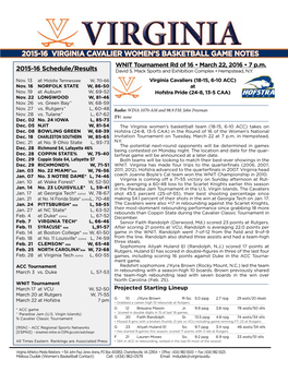 2015-16 Virginia Cavalier Women's Basketball Game