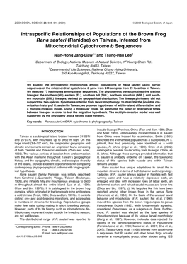 Intraspecific Relationships of Populations of the Brown Frog Rana Sauteri (Ranidae) on Taiwan, Inferred from Mitochondrial Cytochrome B Sequences