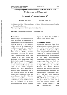 Catalog of Ophiuroidea from Southeastern Coast of Iran (Northern Parts of Oman Sea)