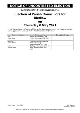 Wyc Parish Uncontested Election Notice 2021