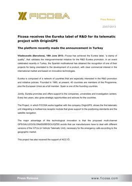 Press Release Ficosa Receives the Eureka Label of R&D for Its Telematic