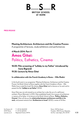 Amos Gitai: Politics, Esthetics, Cinema