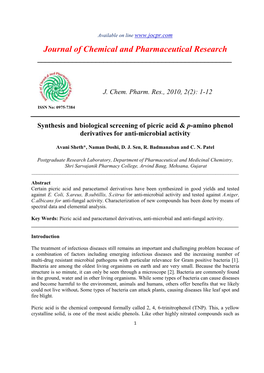 Synthesis and Biological Screening of Picric Acid Pamino Phenol Derivatives for Antimicrobial Activity