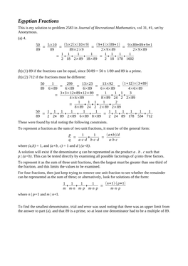 Egyptian Fractions This Is My Solution to Problem 2583 in Journal of Recreational Mathematics, Vol 31, #1, Set by Anonymous