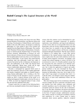 Rudolf Carnap's the Logical Structure of the World