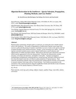 Riparian Restoration in the Southwest – Species Selection, Propagation, Planting Methods, and Case Studies1