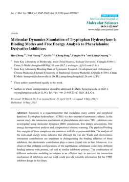 Molecular Dynamics Simulation of Tryptophan Hydroxylase-1: Binding Modes and Free Energy Analysis to Phenylalanine Derivative Inhibitors