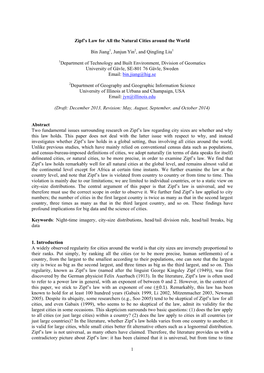 Zipf's Law for All the Natural Cities Around the World Bin Jiang1, Junjun Yin2, and Qingling Liu1 1Department of Technology An