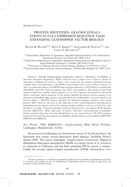 Protein Identities- Graphocephala Atropunctata Expressed Sequence Tags: Expanding Leafhopper Vector Biology