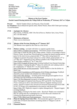 Minutes of the East Clandon Parish Council Meeting Held in the Village Hall on Wednesday, 8Th February 2017 at 7.45Pm