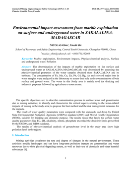 Environmental Impact Assessment from Marble Exploitation on Surface and Underground Water in SAKALALINA- MADAGASCAR