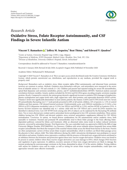 'Oxidative Stress, Folate Receptor Autoimmunity, and CSF Findings In