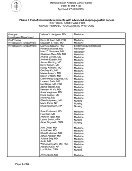 Phase II Trial of Nintedanib in Patients with Advanced Esophagogastric Cancer PROTOCOL FACE PAGE for MSKCC THERAPEUTIC/DIAGNOSTIC PROTOCOL