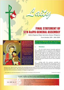 FINAL STATEMENT of 5TH Asipa GENERAL ASSEMBLY Held at Regional Major Seminary, Davao, Philippines from October 20Th - 28Th 2009