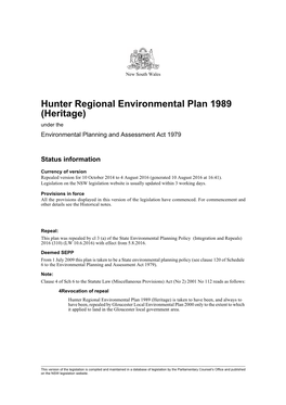 Hunter Regional Environmental Plan 1989 (Heritage) Under the Environmental Planning and Assessment Act 1979