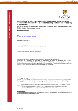 Bioleaching of Arsenic-Rich Cobalt Mineral Resources, and Evidence For