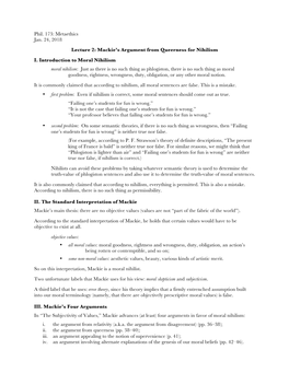 Mackie's Argument from Queerness for Nihilism I. Introduction to Moral