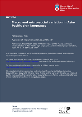 Macro and Micro-Social Variation in Asia-Pacific Sign Languages Introduction to Special Issue, Asia-Pacific Language Variation 6(1)