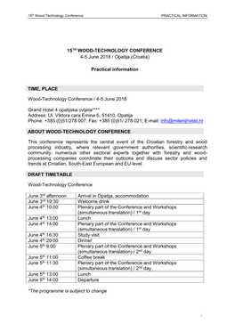 15Th Wood-Technology Conference PRACTICAL INFORMATION