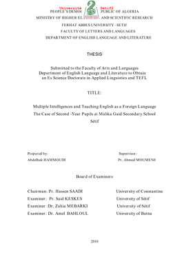 THESIS Submitted to the Faculty of Arts and Languages Department Of