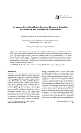 An Annotated Checklist of Indian Peiratinae (Hemiptera: Reduviidae) with Ecological and Morphological Characteristics