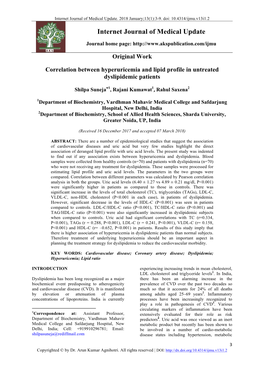 Correlation Between Hyperuricemia and Lipid Profile in Untreated Dyslipidemic Patients