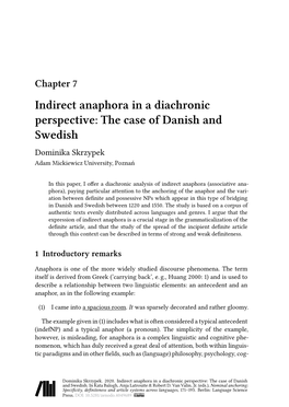 Indirect Anaphora in a Diachronic Perspective: the Case of Danish and Swedish Dominika Skrzypek Adam Mickiewicz University, Poznań