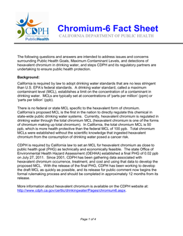 Chromium-6 Fact Sheet CALIFORNIA DEPARTMENT of PUBLIC HEALTH