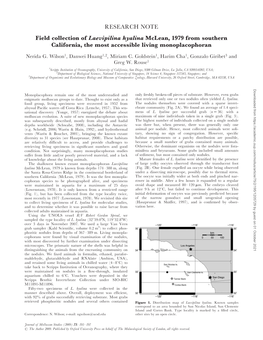 RESEARCH NOTE Field Collection of Laevipilina Hyalina Mclean, 1979 from Southern California, the Most Accessible Living Monoplacophoran