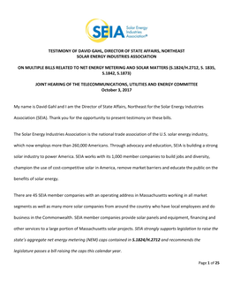 Testimony of David Gahl, Director of State Affairs, Northeast Solar Energy Industries Association