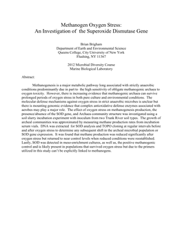 Methanogen Oxygen Stress: an Investigation of the Superoxide Dismutase Gene