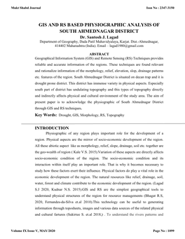 GIS and RS BASED PHYSIOGRAPHIC ANALYSIS of SOUTH AHMEDNAGAR DISTRICT Dr