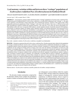 Leaf Anatomy Variation Within and Between Three “Restinga” Populations of Erythroxylum Ovalifolium Peyr