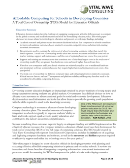 Affordable Computing for Schools in Developing Countries a Total Cost of Ownership (TCO) Model for Education Officials