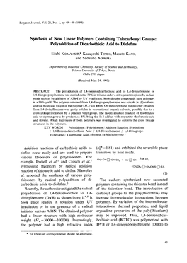 Synthesis of New Linear Polymers Containing Thiocarbonyl Groups: Polyaddition of Dicarbothioic Acid to Diolefins