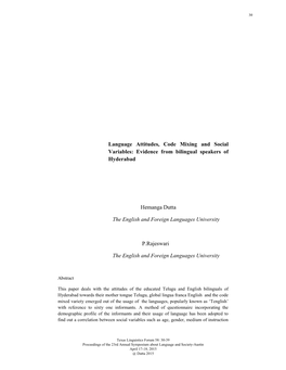 Language Attitudes, Code Mixing and Social Variables: Evidence from Bilingual Speakers of Hyderabad