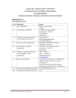 Tamilnadu Agricultural University Icar-Krishi Vigyan Kendra, Virinjipuram Vellore District Eighth Scientific Advisory Committee Meeting Report