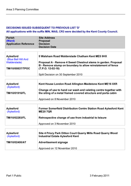 Area 3 Planning Committee Part 1 Public 3 February 2011 DECISIONS ISSUED SUBSEQUENT to PREVIOUS LIST 'D' All Applications With