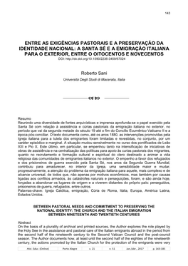 Tra Esigenze Pastorali E Impegno Per La Preservazione Dell’Identità Nazionale: La Santa Sede E L’Emigrazione Italiana All’Estero Tra Otto E Novecento