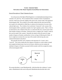 Page 1 Lecture: Quantum Optics Derivation of the Master Equation