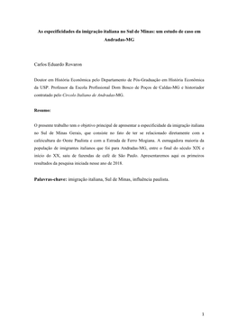 As Especificidades Da Imigração Italiana No Sul De Minas: Um Estudo De Caso Em Andradas-MG Carlos Eduardo Rovaron Palavras-Cha