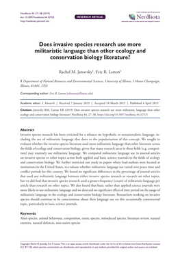 Does Invasive Species Research Use More Militaristic Language Than Other Ecology and Conservation Biology Literature?